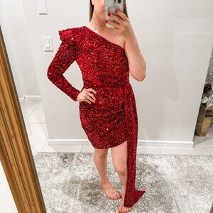 ASOS LUXE one shoulder asymmetric draped mini dress in burgundy sequin